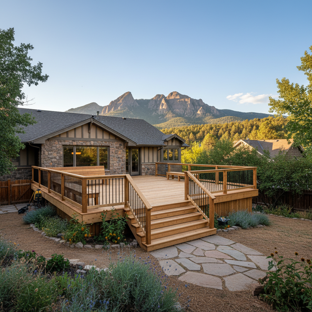 Completed wooden decks work at a residential property in Boulder, CO