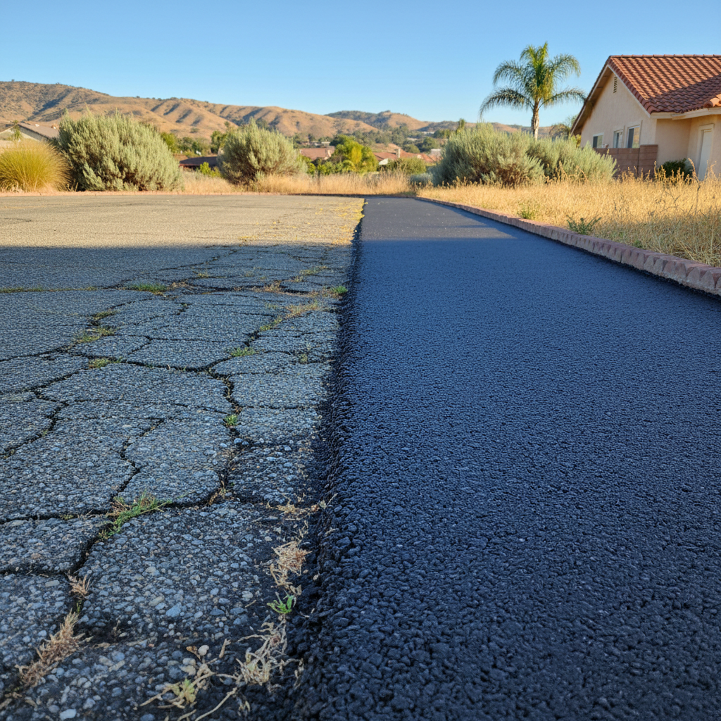 Completed asphalt paving work at a residential property in Colton, CA