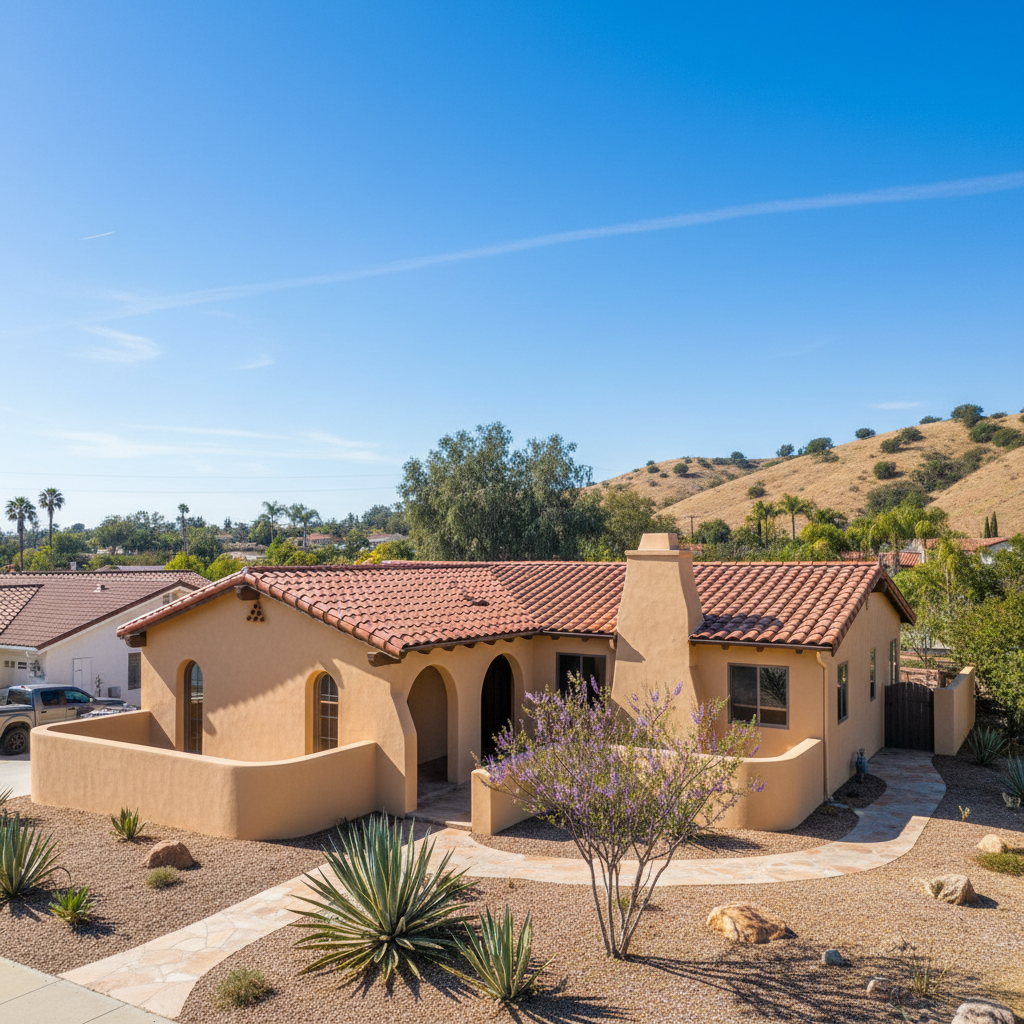 Completed stucco painting work at a residential property in Riverside, CA