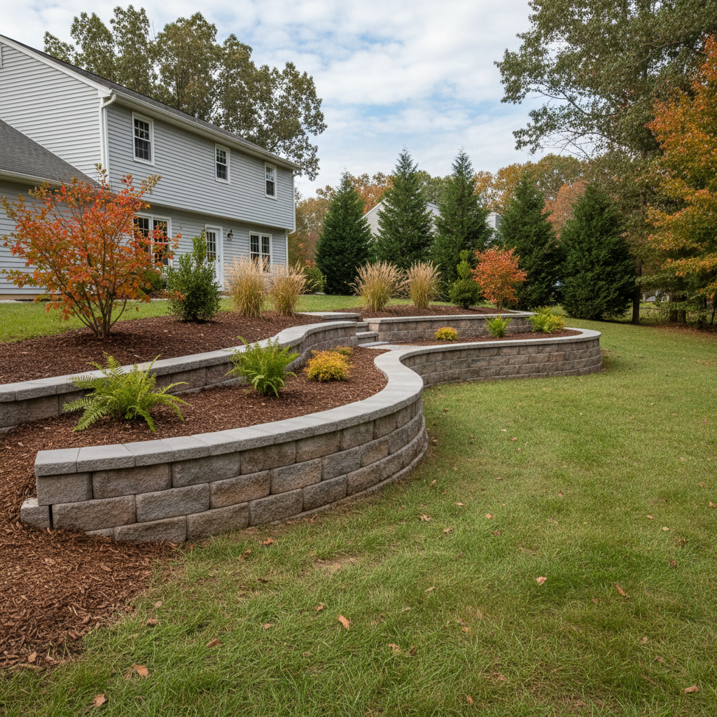 Completed concrete retaining walls work at a residential property in Waldorf, MD