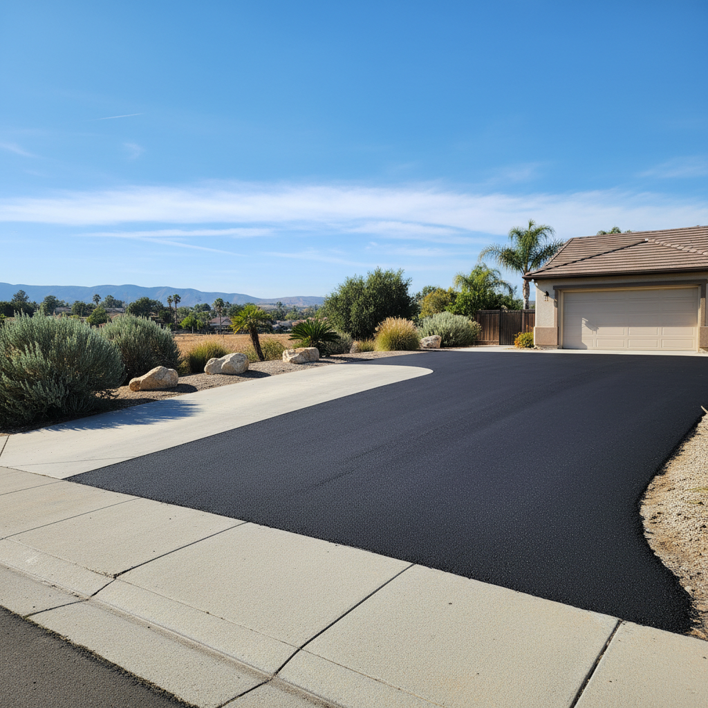 Completed asphalt repair work at a residential property in Menifee, CA