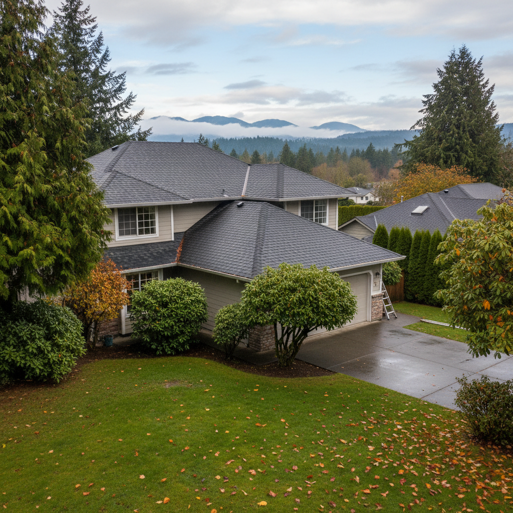 Completed asphalt shingle roofing work at a residential property in Sammamish, WA