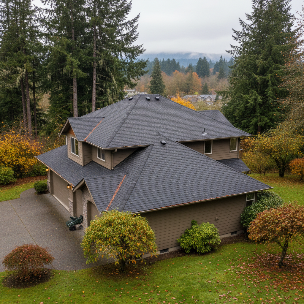 Completed asphalt shingle roofing work at a residential property in Sammamish, WA