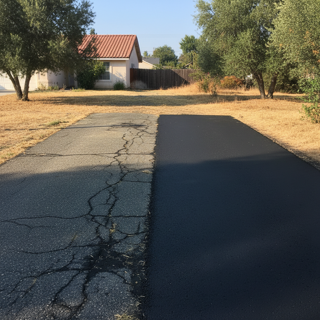 Completed asphalt paving work at a residential property in Orosi, CA