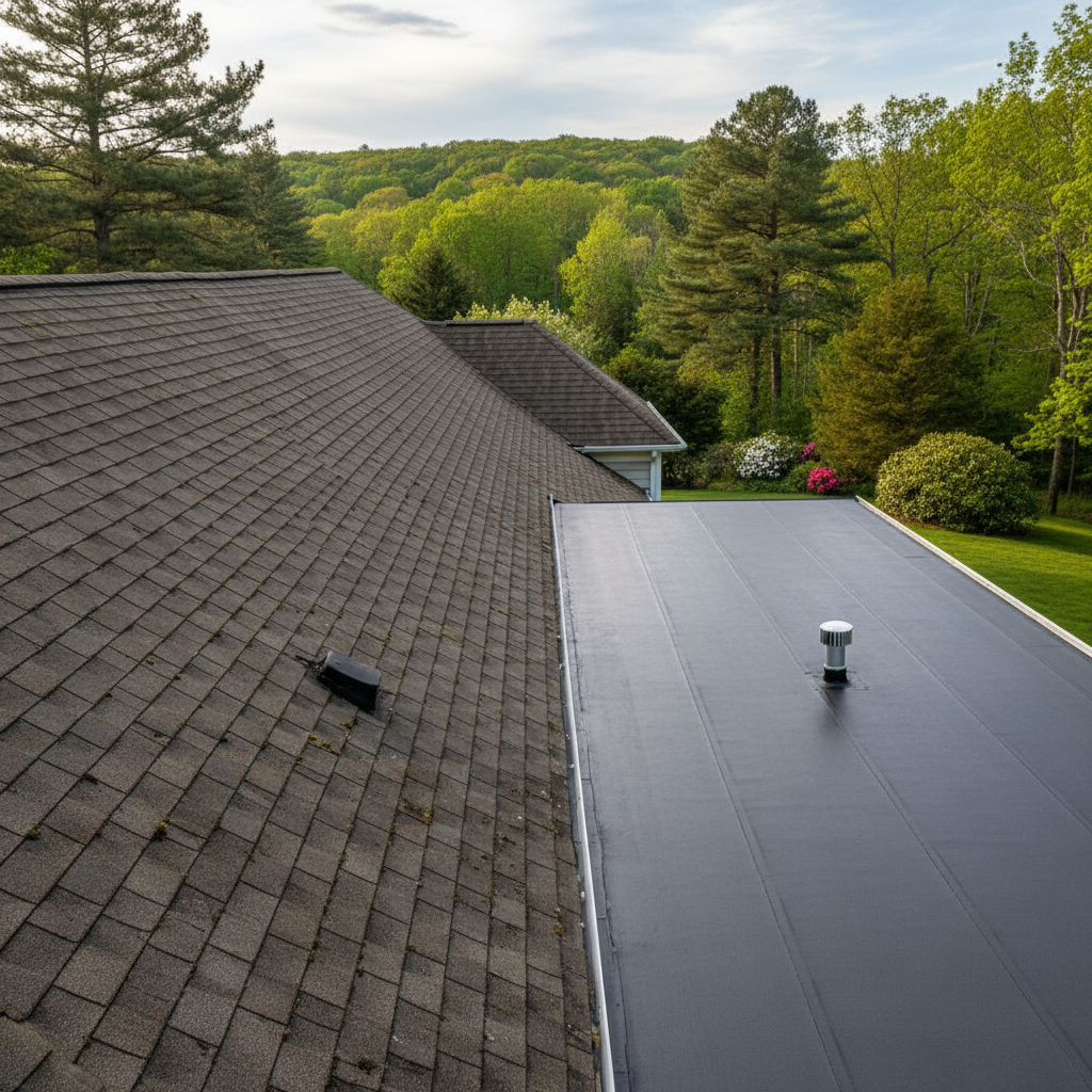 Completed flat roofing work at a residential property in West Greenwich, RI