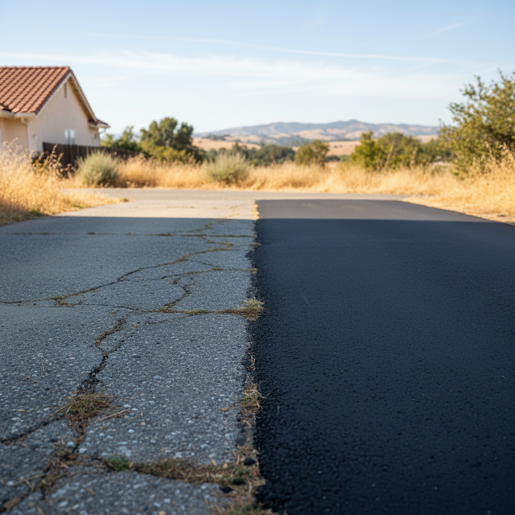 Completed asphalt sealcoating work at a residential property in Yuba City, CA