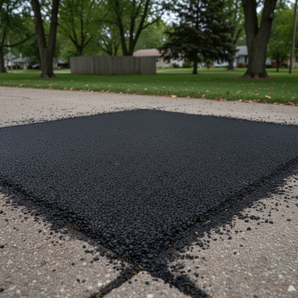 Completed asphalt repair work at a residential property in Goshen, IN