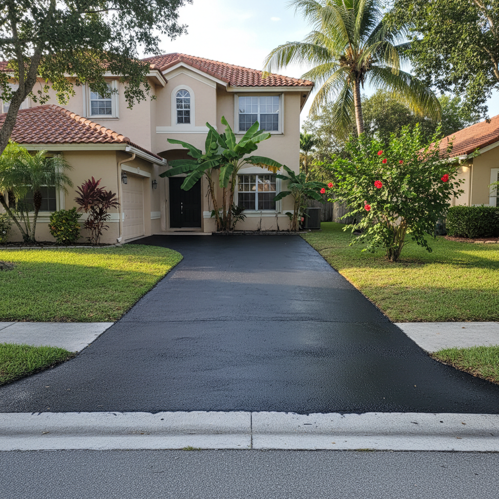 Completed asphalt sealcoating work at a residential property in Miami Gardens, FL