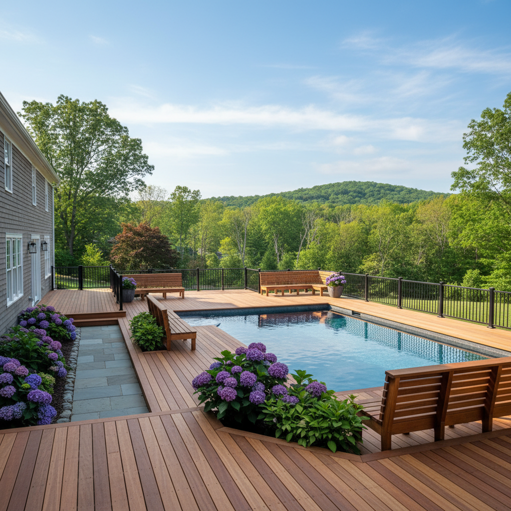 Completed pool decks work at a residential property in Belmont, MA