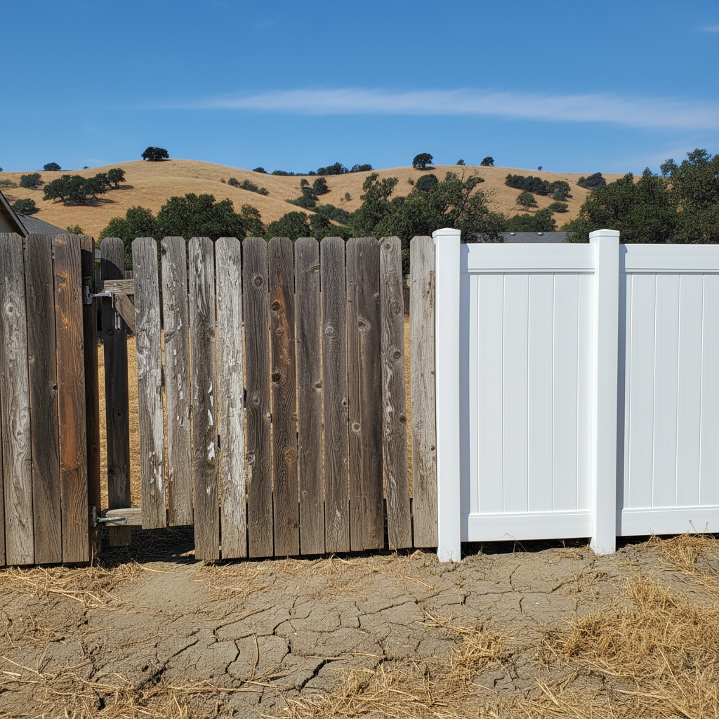 Completed vinyl fence installation work at a residential property in American Canyon, CA