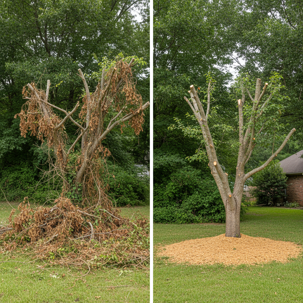 Completed tree pruning work at a residential property in Huffman, TX