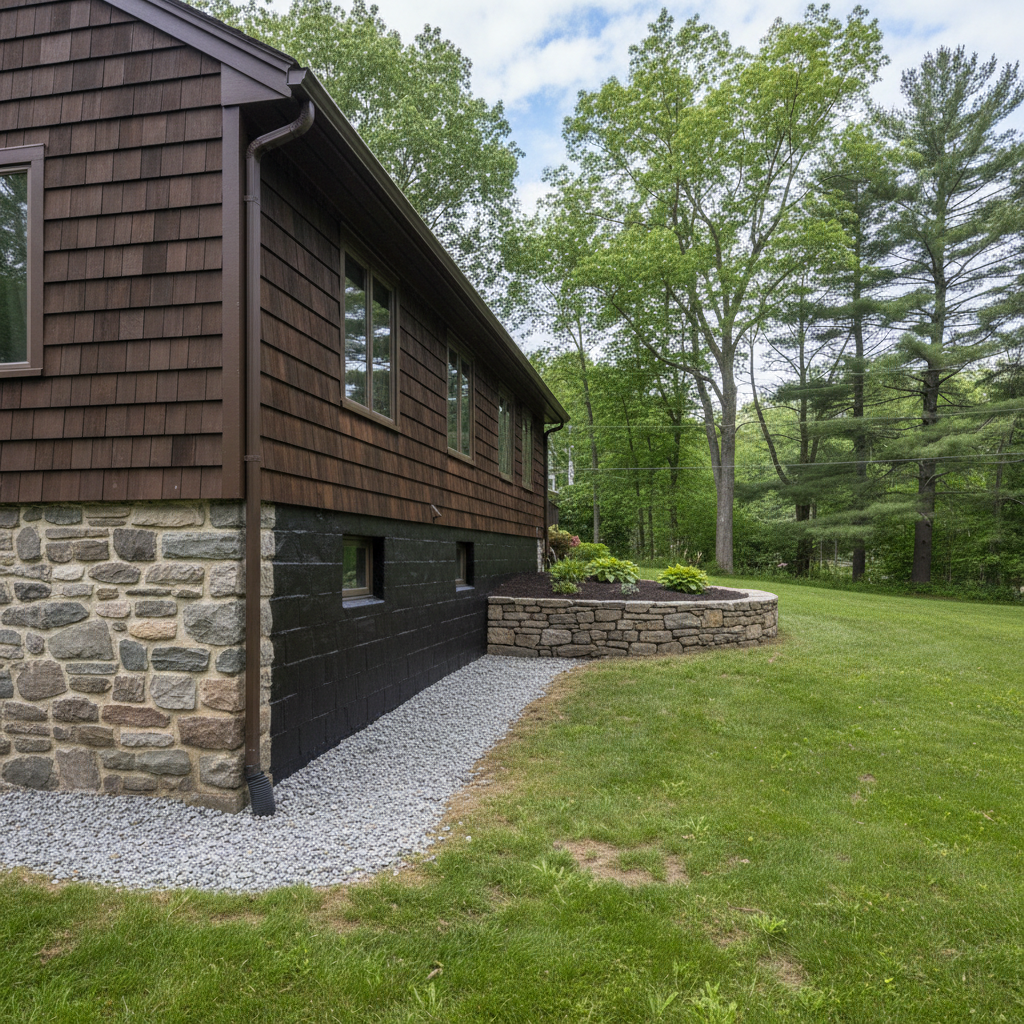 Completed masonry waterproofing work at a residential property in Weston, MA