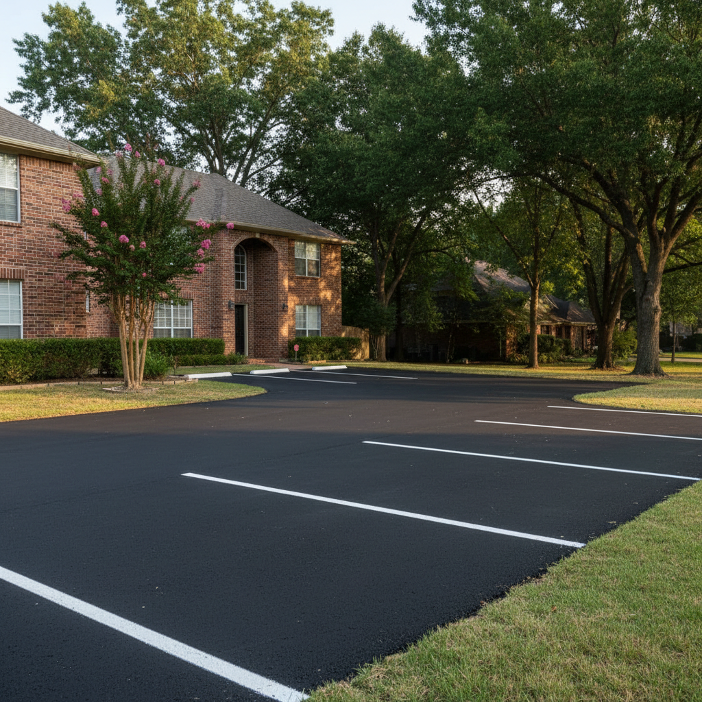 Completed parking lot paving work at a residential property in Irving, TX