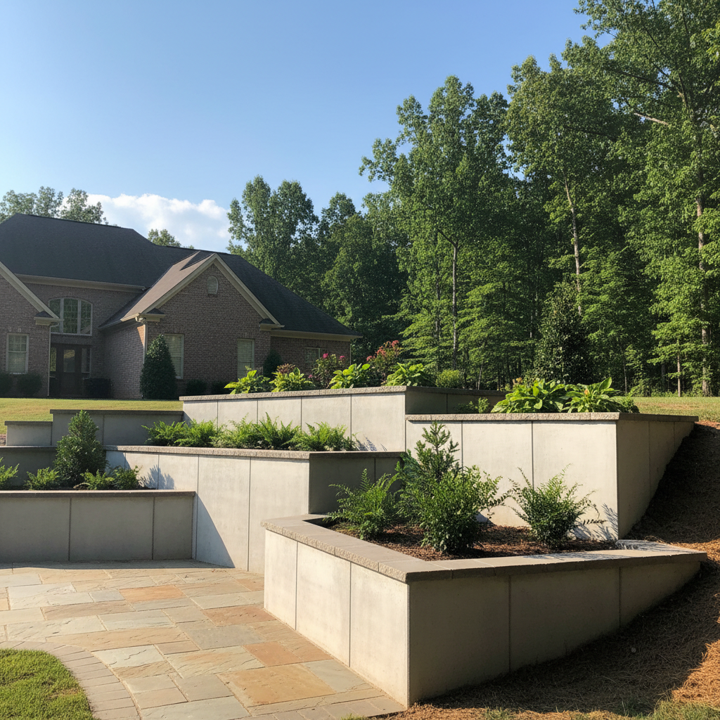 Completed concrete retaining walls work at a residential property in Athens, AL