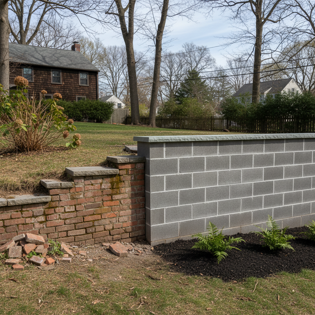 Completed block wall construction work at a residential property in Brookline, MA