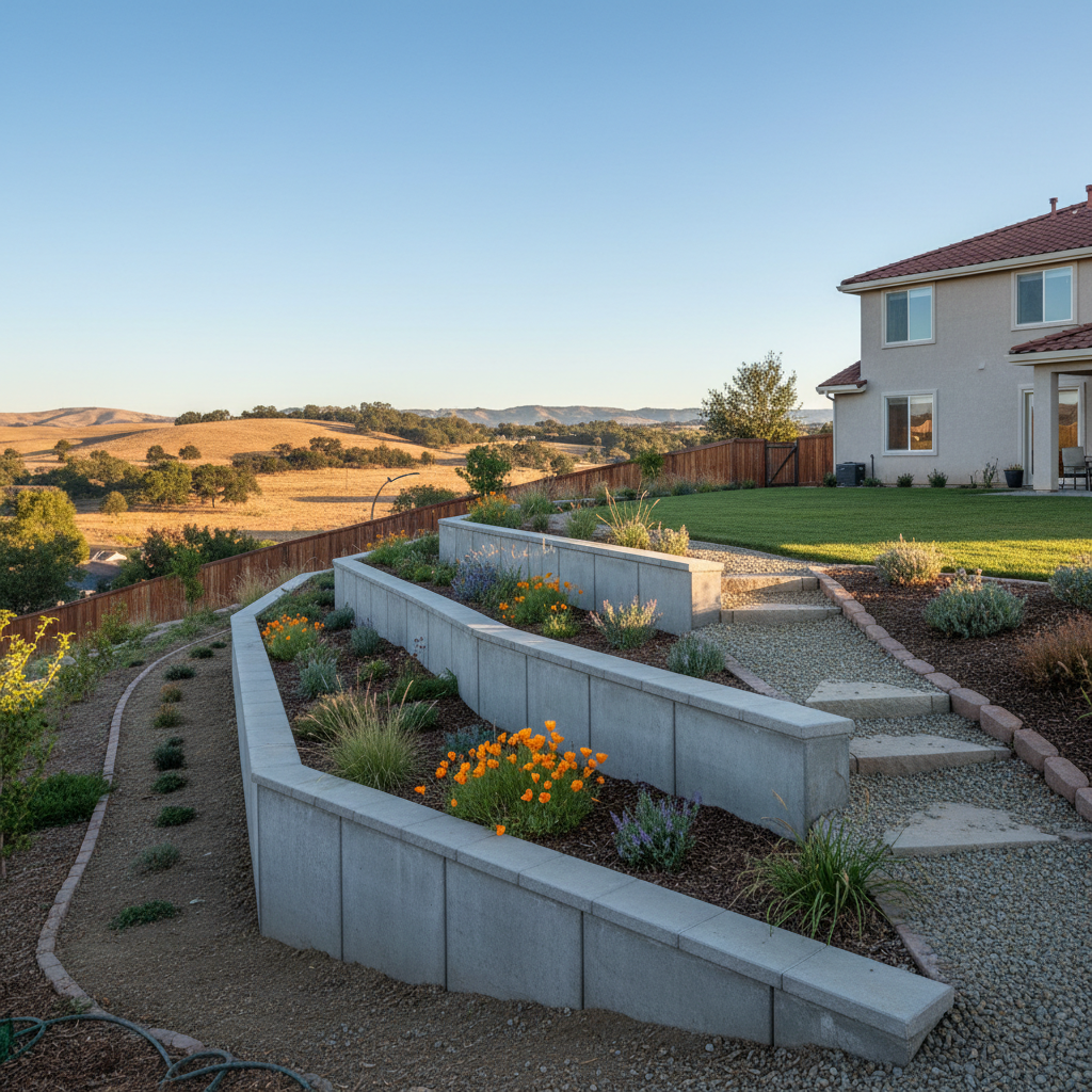 Completed concrete retaining walls work at a residential property in Manteca, CA