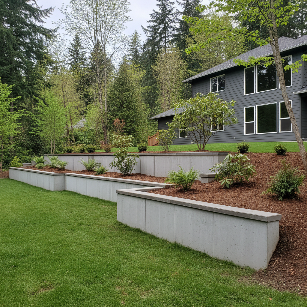 Completed concrete retaining walls work at a residential property in Bothell, WA