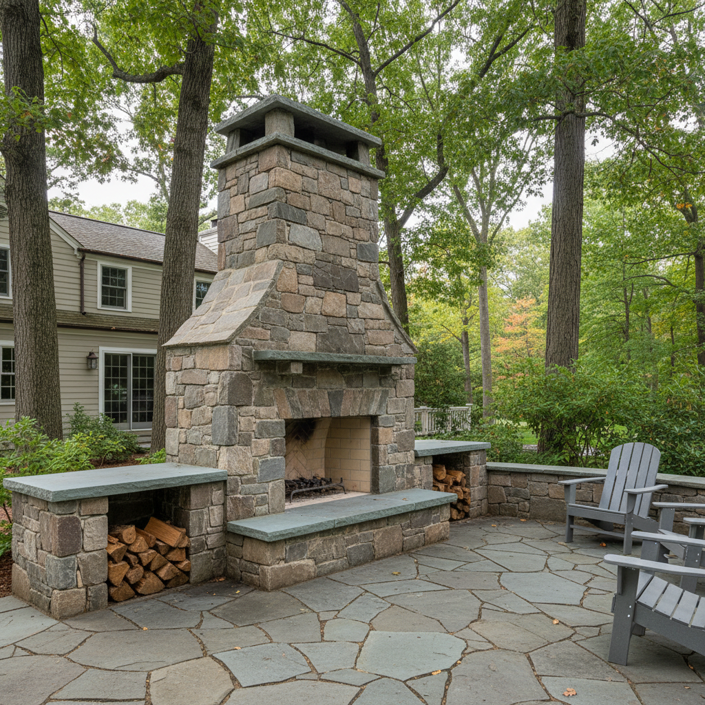 Completed fireplace construction work at a residential property in Brookline, MA