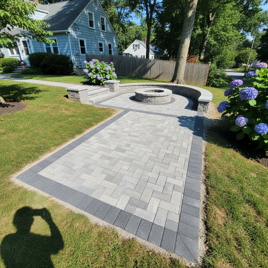 Completed paver installation work at a residential property in Brookline, MA