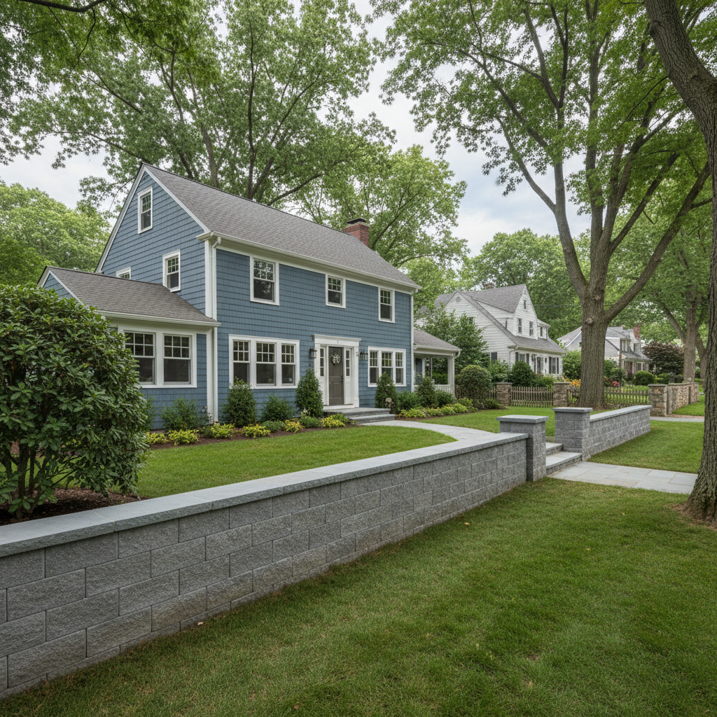 Completed block wall construction work at a residential property in Brookline, MA