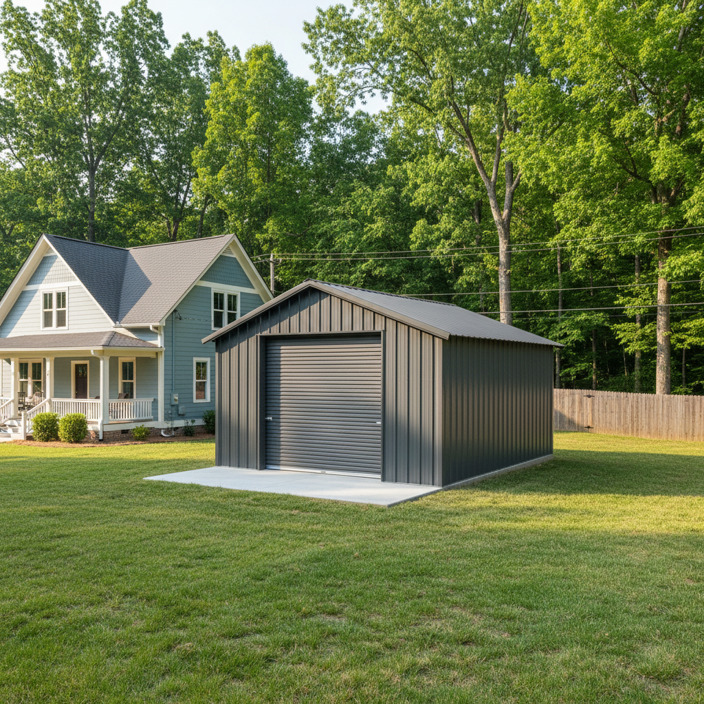 Completed metal frame sheds work at a residential property in Asheville, TN