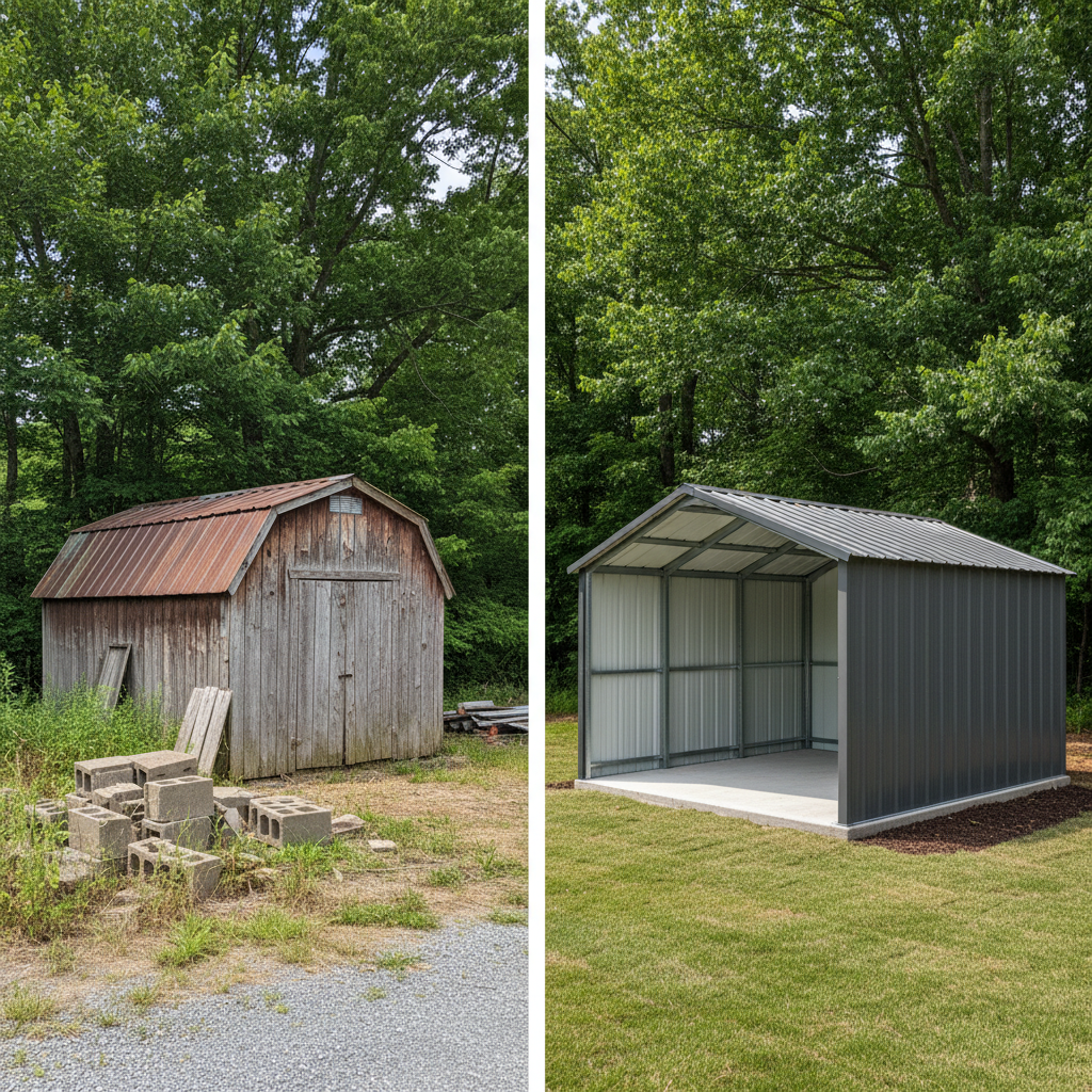 Completed metal frame sheds work at a residential property in Kingsport, TN