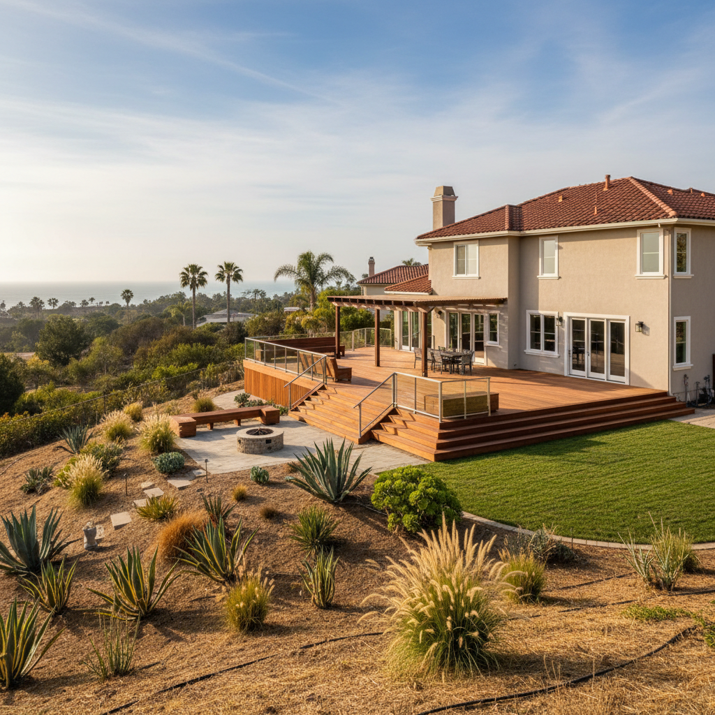 Completed deck construction work at a residential property in Oceanside, CA