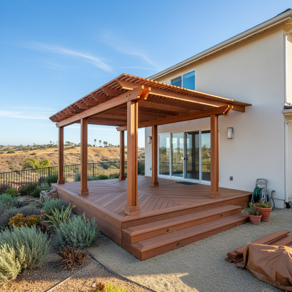 Completed pergola construction work at a residential property in Oceanside, CA