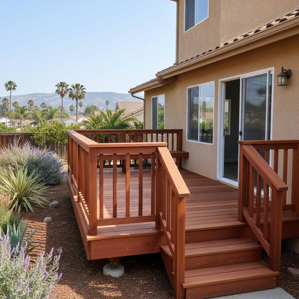 Completed deck construction work at a residential property in Oceanside, CA