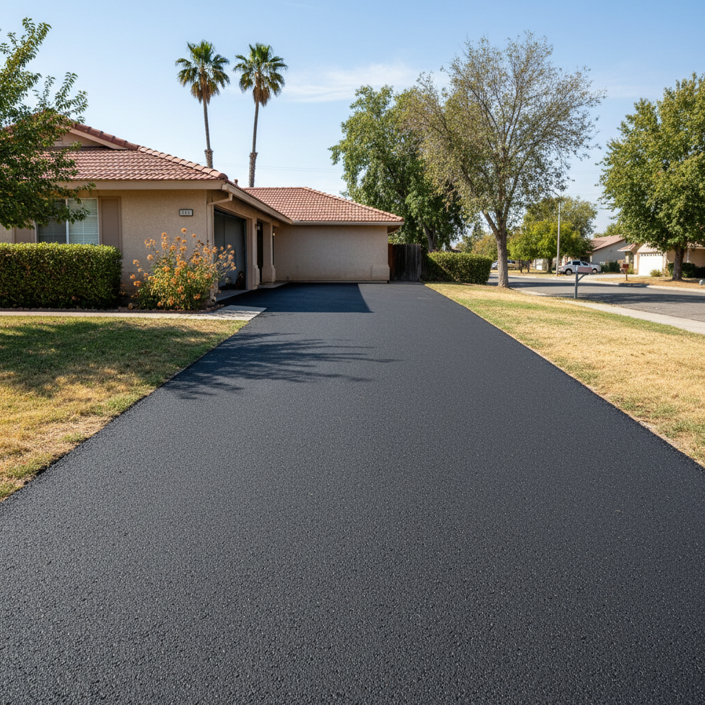 Completed driveway paving work at a residential property in Fresno, CA