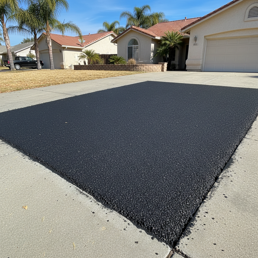 Completed asphalt patching work at a residential property in Fresno, CA