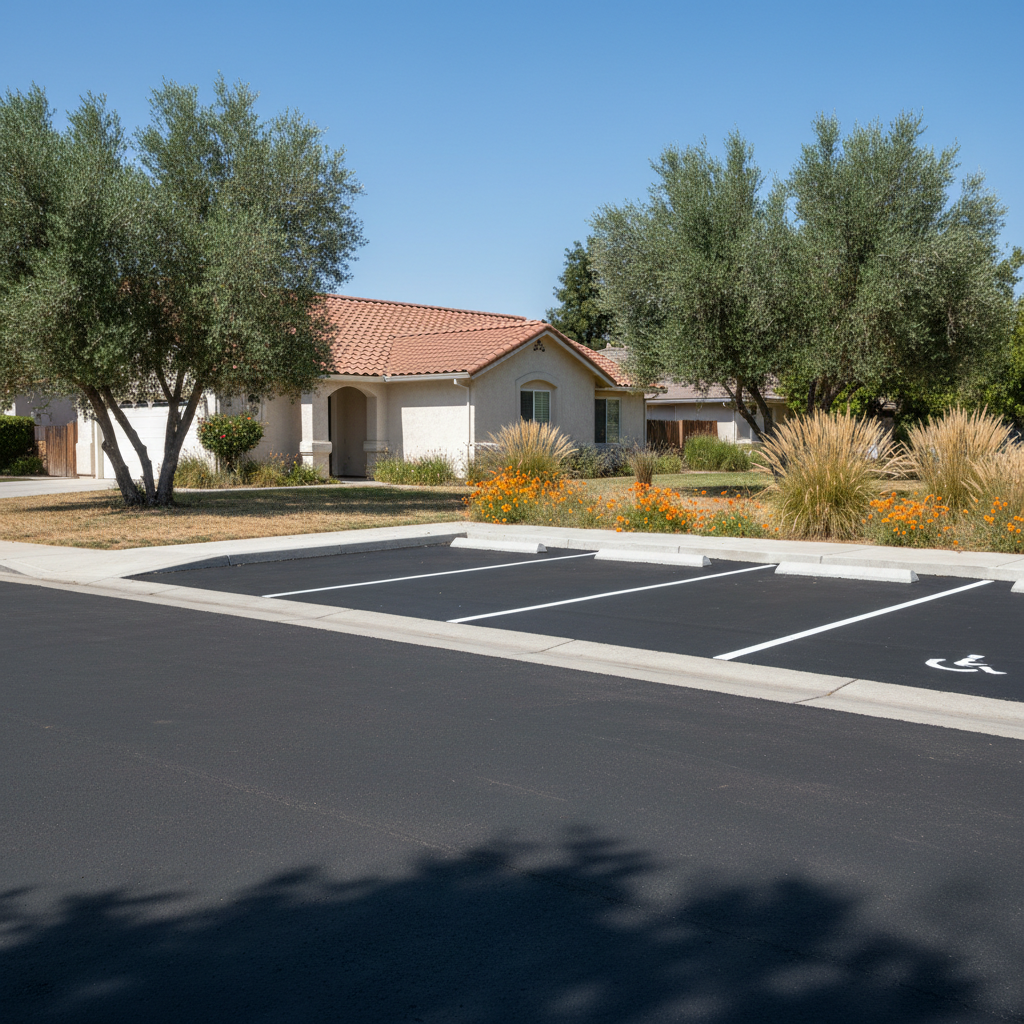 Completed asphalt striping work at a residential property in Fresno, CA