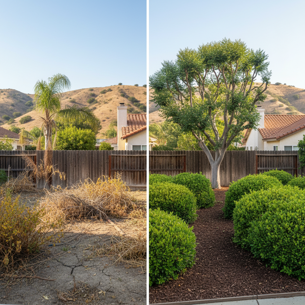 Completed shrub & bush trimming work at a residential property in Corona, CA
