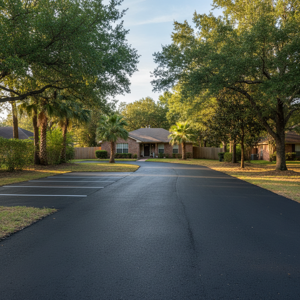 Completed parking lot paving work at a residential property in Houston, TX