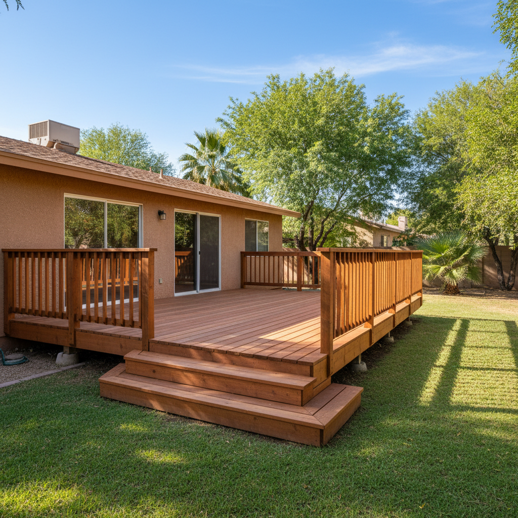 Completed wooden decks work at a residential property in Tempe, AZ