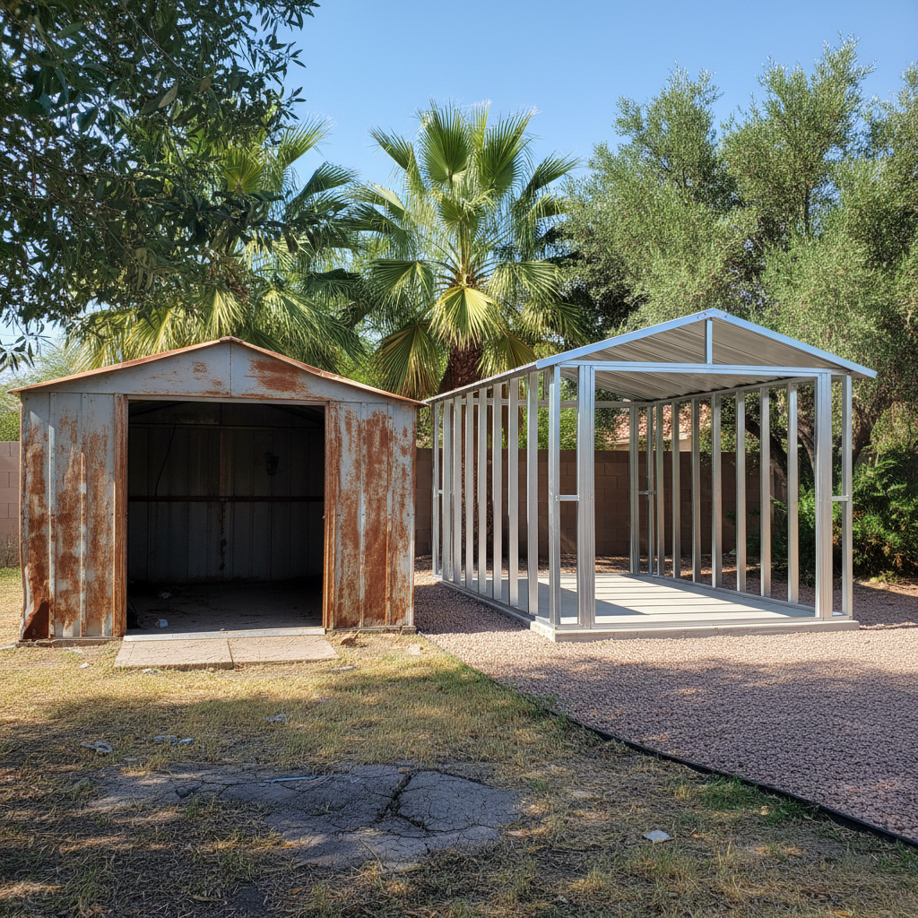 Completed metal frame sheds work at a residential property in Peoria, AZ