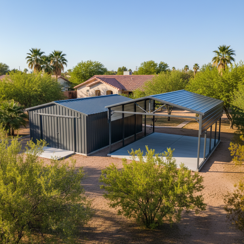 Completed metal frame sheds work at a residential property in El Mirage, AZ
