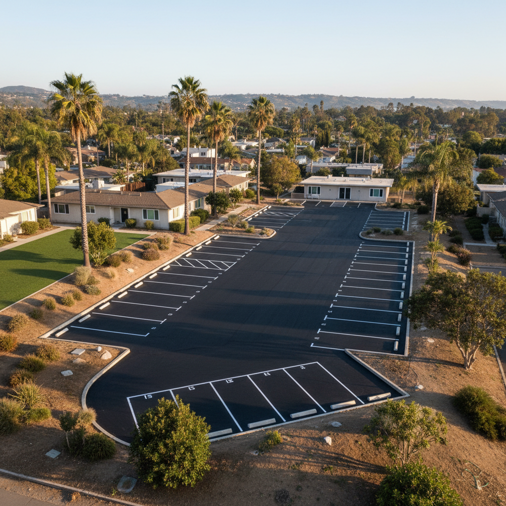 Completed parking lot paving work at a residential property in Long Beach, CA