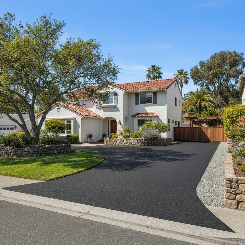 Completed asphalt paving work at a residential property in Burlingame, CA