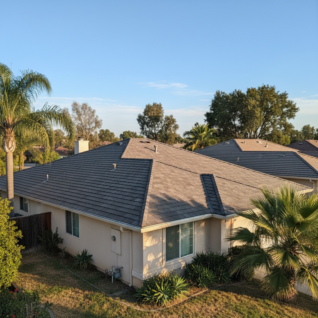 Completed asphalt shingle roofing work at a residential property in Elk Grove, CA