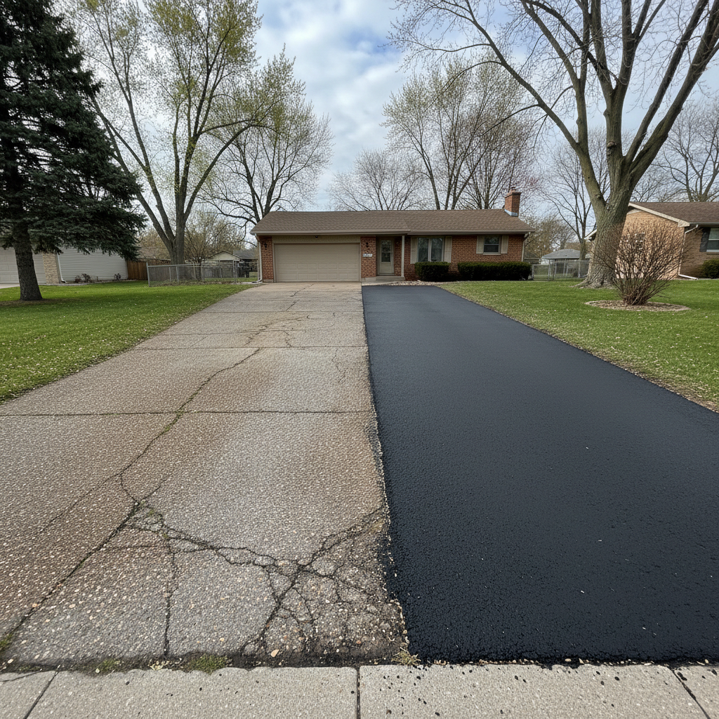 Completed asphalt repair work at a residential property in Le Roy, IL