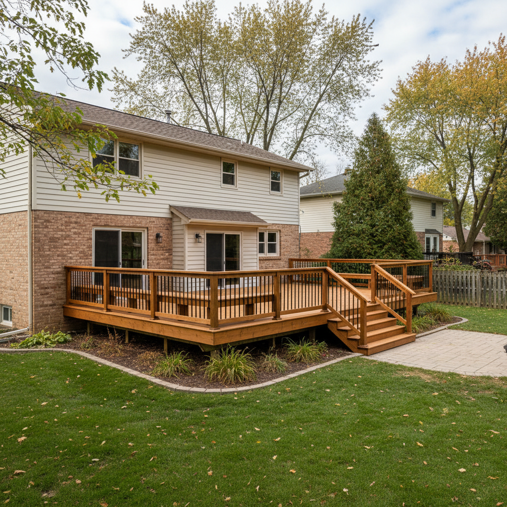 Completed wooden decks work at a residential property in Detroit, MI