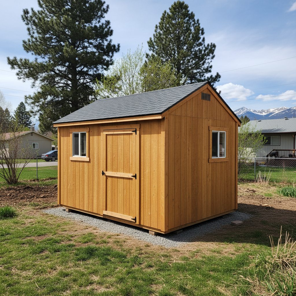 Completed shed delivery and installation work at a residential property in Missoula, MT