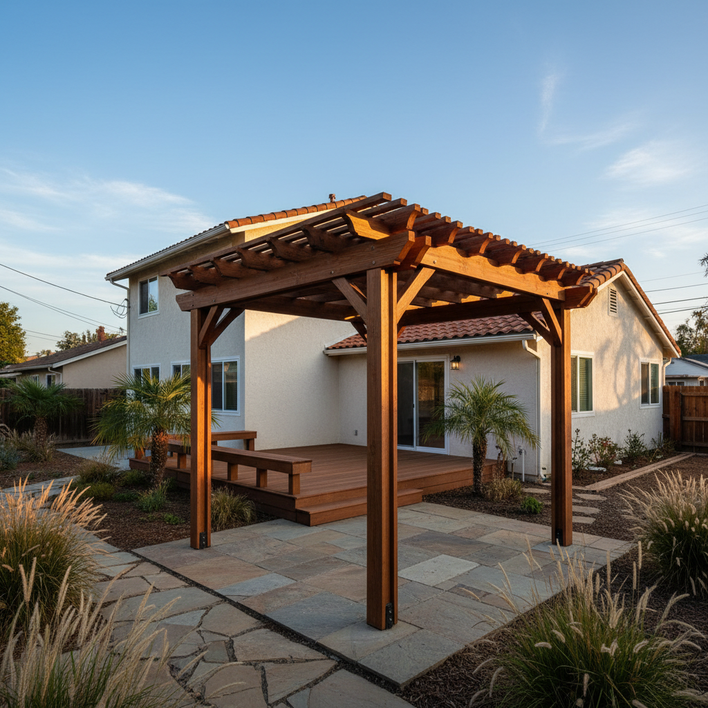 Completed pergola construction work at a residential property in Long Beach, CA