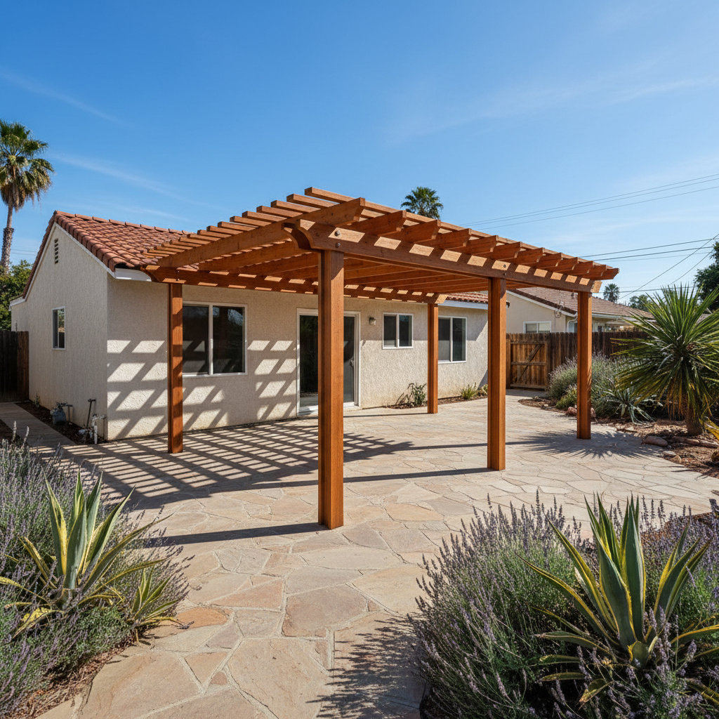 Completed pergola construction work at a residential property in Pomona, CA