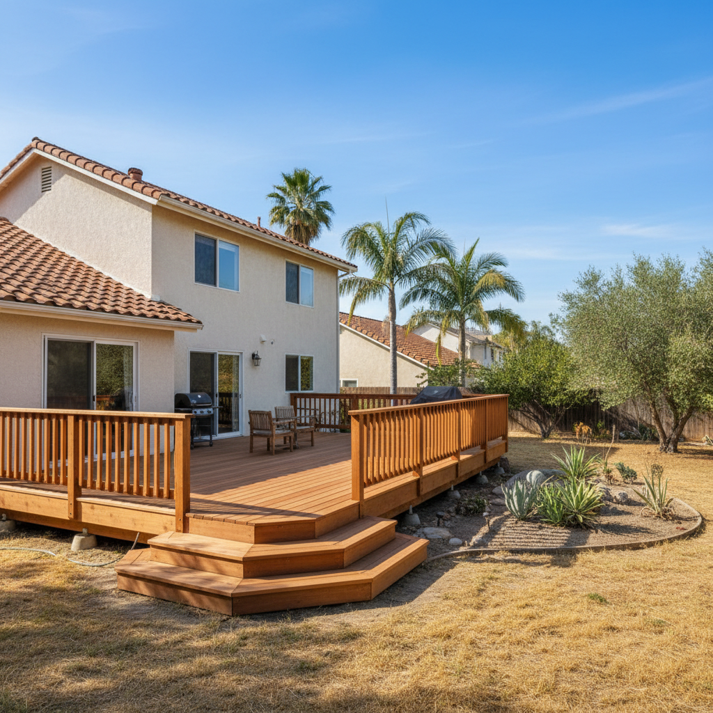 Completed wooden decks work at a residential property in Pomona, CA
