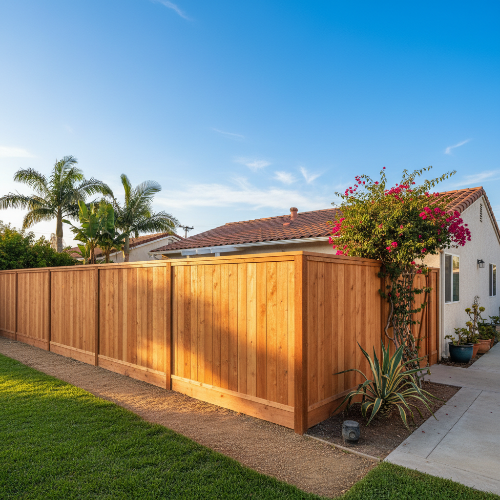 Completed privacy fence installation work at a residential property in Garden Grove, CA