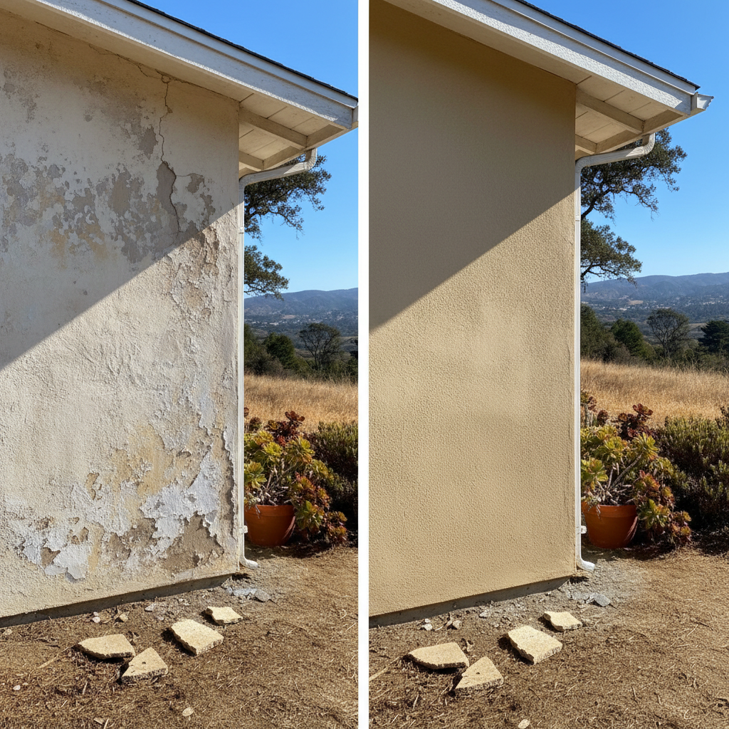 Completed stucco replacement work at a residential property in Santa Cruz, CA