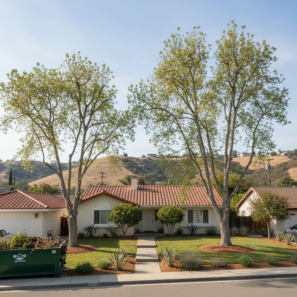 Completed tree trimming work at a residential property in Garden Grove, CA