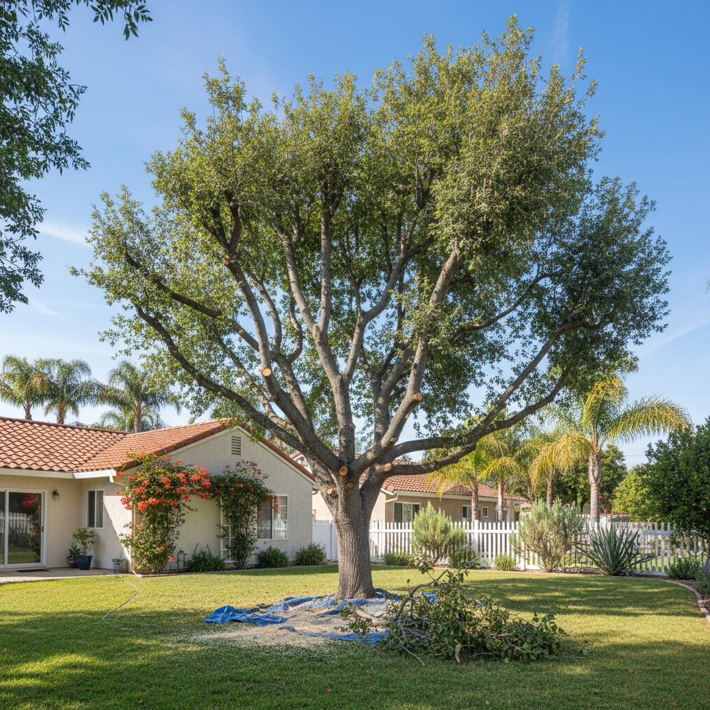Completed tree pruning work at a residential property in Garden Grove, CA